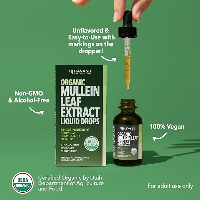 Mullein Drops for Lungs - USDA Organic Liquid - Respiratory Health and Lung Support Supplement - 2 Fl Oz - Vegan, Non-GMO, and Alcohol Free Formula - Daily Herbal Tincture - 2 Month Supply