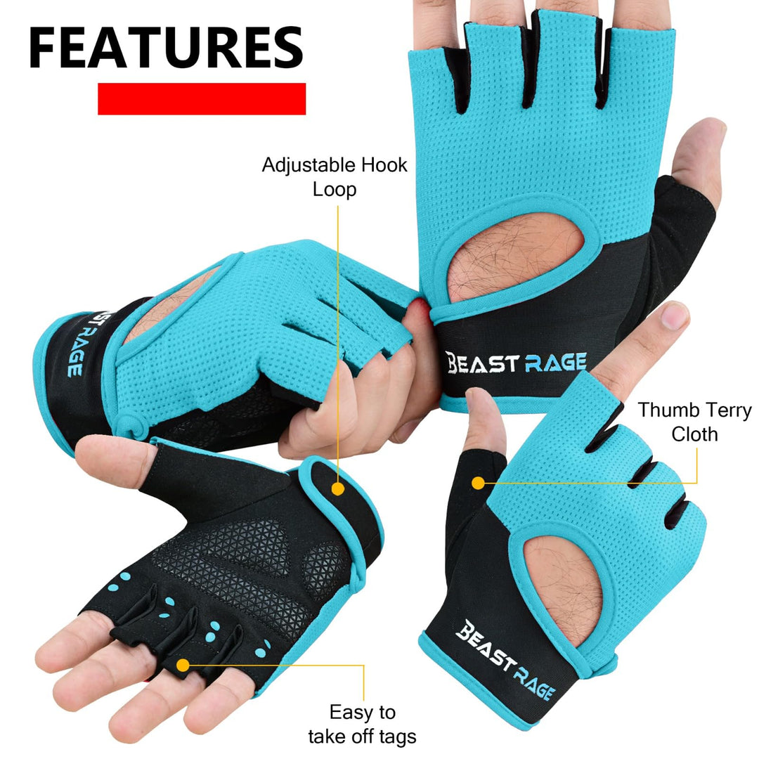 BEAST RAGE Workout Gloves for Men Gym Gloves for Weightlifting Women Fingerless with Palm Protection Padding, Breathable and Lightweight Weight Lifting Gloves Cycling Pull Up (Cyan, S)
