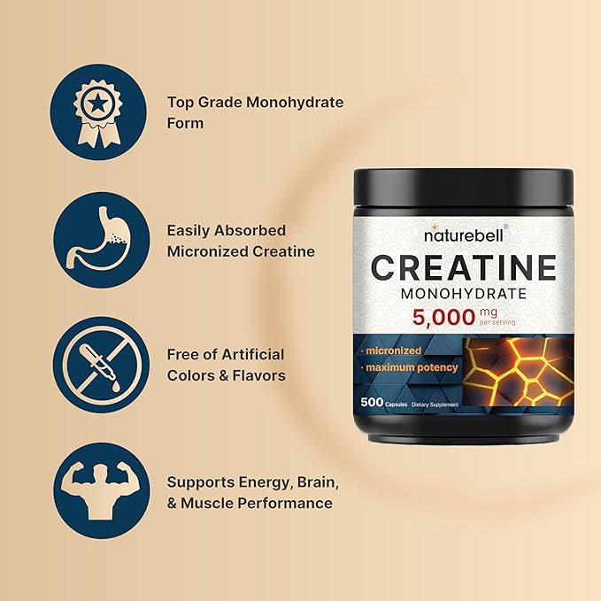 Micronized Creatine Monohydrate Capsules – 5,000mg Per Serving, 500 Count | Unflavored Creatine Pills for Pre Workout & Muscle Support – Easy to Swallow, Fast Absorbing (71 Servings)