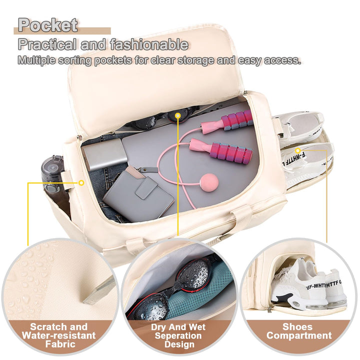 FIORETTO Women's Water-Resistant Gym Duffle Bag with Shoes Compartment, 37L Capacity, Multi-Functional, Ideal for Travel, Gym, Sports, Weekender, Beige