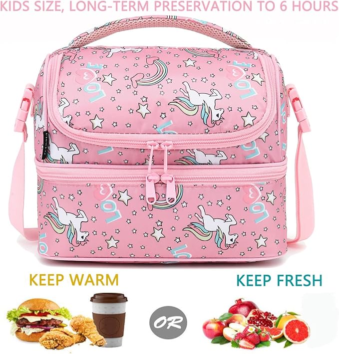 FlowFly Double Decker Cooler Insulated Lunch Bag Large Tote for Boys, Girls, Men, Women, With Adjustable Strap (Red-Unicorn)