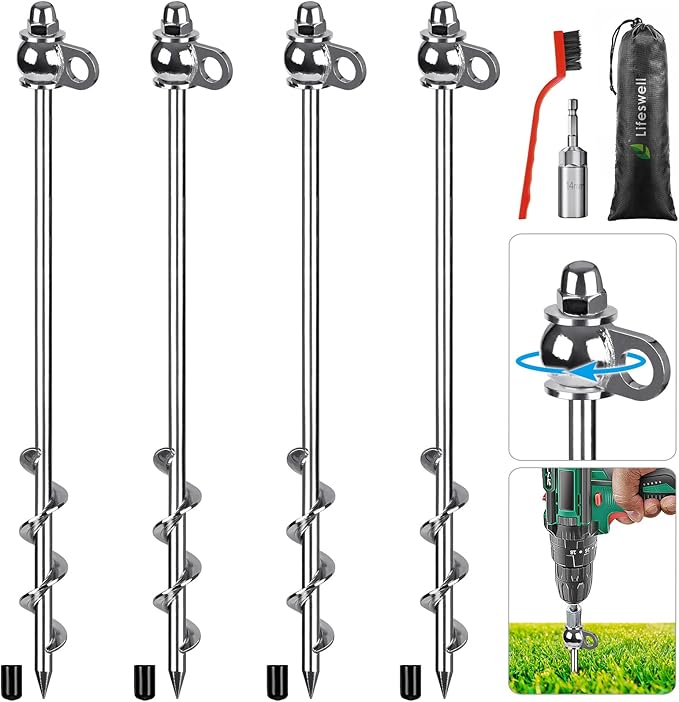 4 Pack Tent Stakes, 16 Inch Heavy Duty Ground Anchors, Full Welding, Easy to Screw in and Reusable, for Camping Tents, Trampolines, Sheds, Swing Sets, Securing Animals