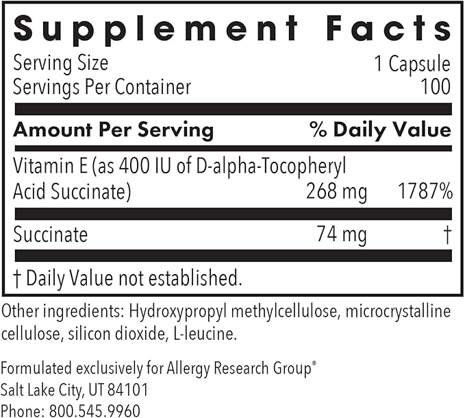 Allergy Research Group Vitamin E Succinate Supplement - for Men & Women, 400 IU D-Alpha-Tocopheryl, Antioxidant, Vegetarian Capsules - 100 Count