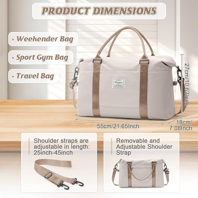 Sports Duffel Bags for Women Beige Weekender Travel Totes Bag for Airplane, Cute Sports Gym Dance Overnight Luggage Bag with Wet Pocket, Carry On Hospital Bag for Labor and Delivery