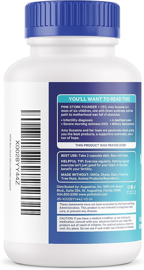 Blue Stork Fertility Supplements for Men - Supports Conception for Him - Male Prenatal Vitamins with Maca Root, Ashwagandha, Folate, B12 - Sperm Heath, Drive, Motility - 60 Capsules