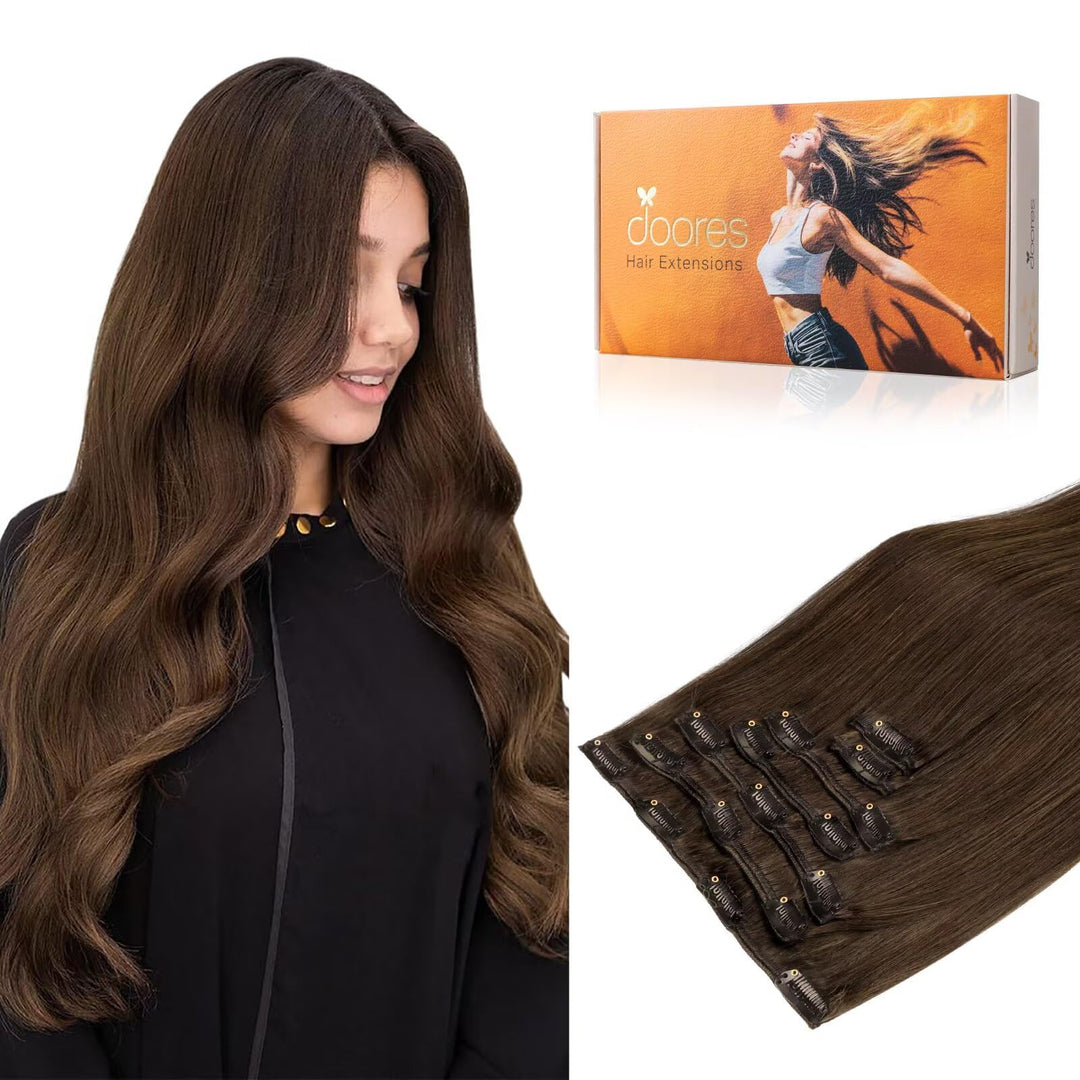 Doores Clip In Human Hair Extensions Chocolate Brown 120G 22 Inch 7Pcs Remy Hair Extensions Clip In Real Hair Extensions Natural