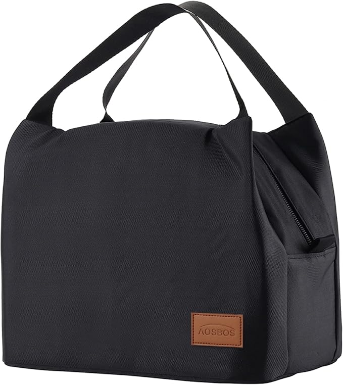 Aosbos Black Lunch Bag Women Insulated Lunch Box for Women Lunch Bags for Adult Lunchbox Lunch Tote Bento Box Cooler Bag for Work Office Picnic Loncheras Para Hombres Mujer