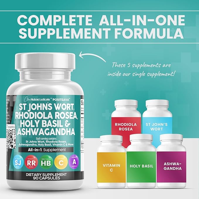 Clean Nutraceuticals St Johns Wort Rhodiola Rosea Holy Basil Ashwagandha - Mood Support for Women and Men with Vitamin C & Black Pepper Extract - 90 Caps