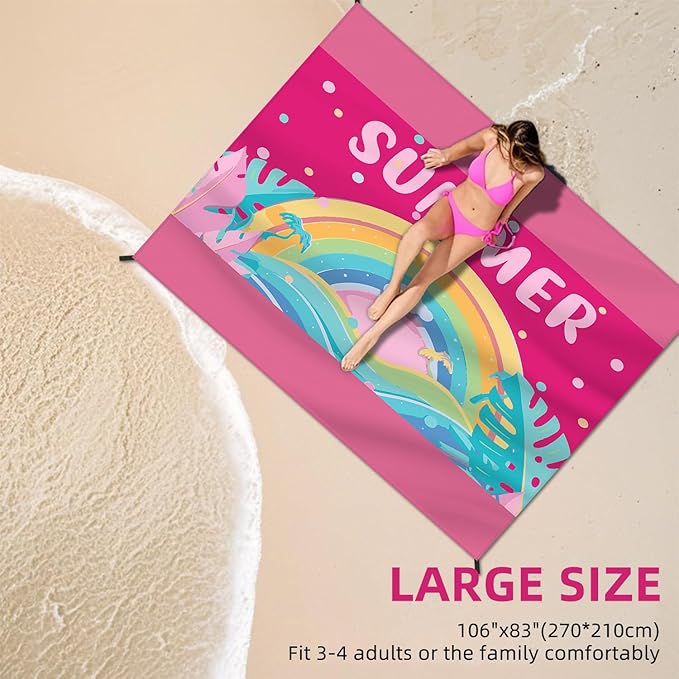 Beach Blanket Waterproof Sandproof Large Beach Mat 83" X 106" for 5-7 Adults Sand Free Mat Quick Drying,Lightweight & Durable with 4 Stakes & 4 Corner Pockets for Beach Camping .(Pink)
