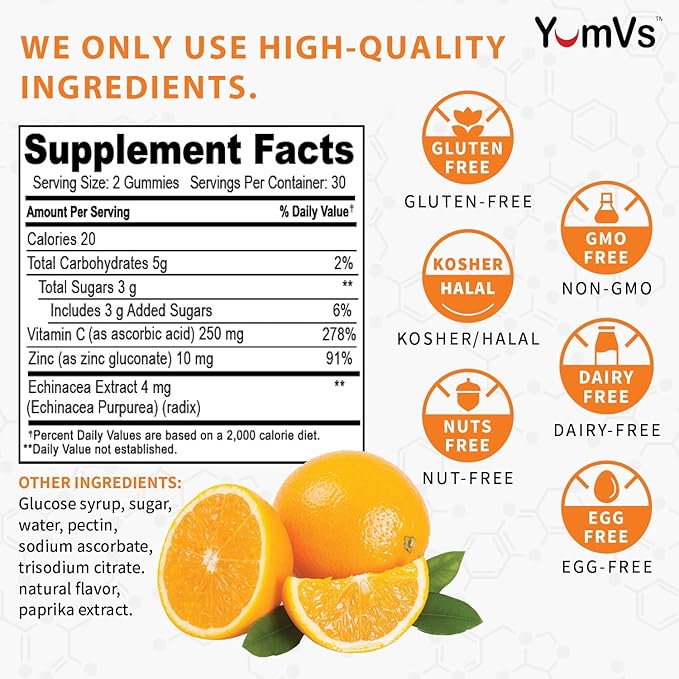 Zinc Vitamin C and Echinacea Gummies for Adults and Kids by YumVs | Chewable Gummy - Vegetarian, Halal, Kosher | Orange Flavor - 60 Count
