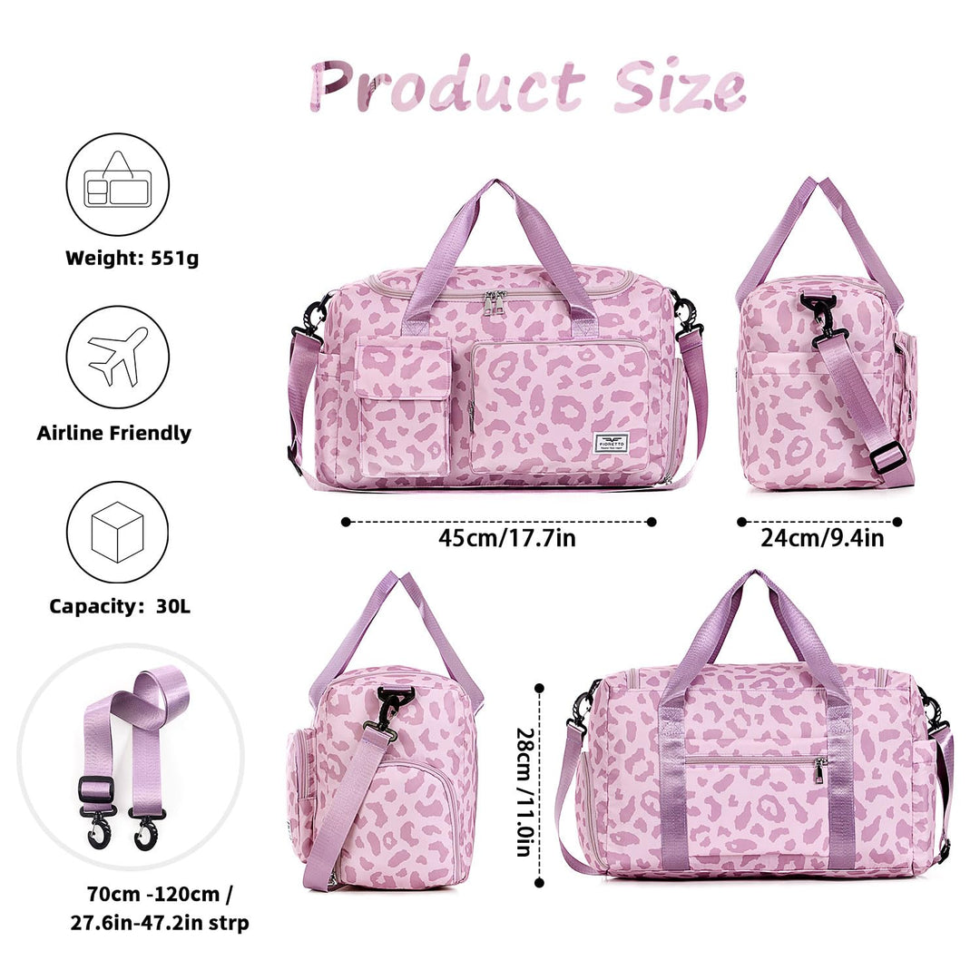FIORETTO Women's Water-Resistant Gym Duffle Bag with Shoes Compartment, 37L Capacity, Multi-Functional, Ideal for Travel, Gym, Sports, Weekender, Leopard Print