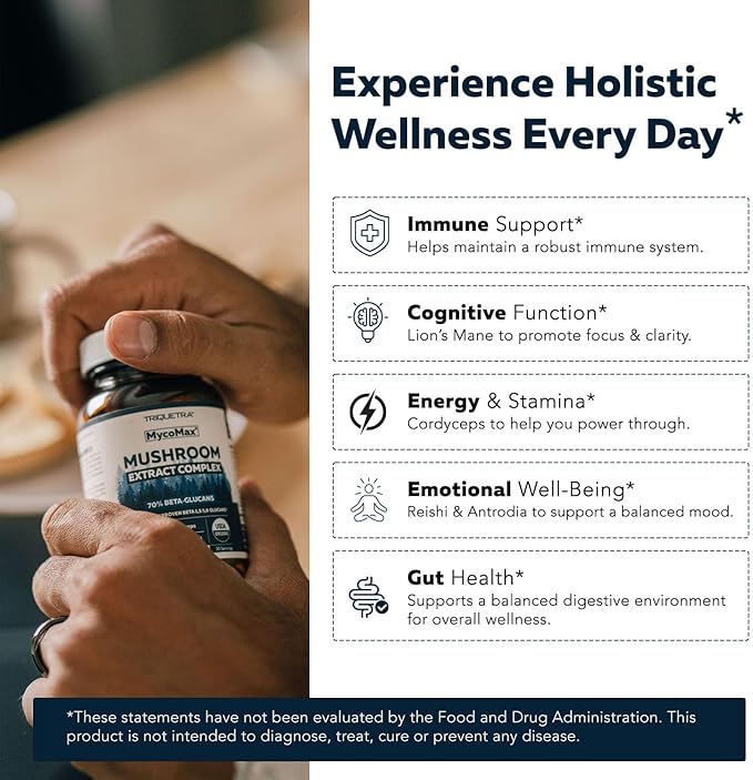MycoMax Mushroom Complex - 70% Beta Glucans, Max Potency Mushroom Supplement, US Grown + Ultrasonic Extraction - Lions Mane, Cordyceps, Reishi & More - Cognition, Immunity, Energy - 60 capsules