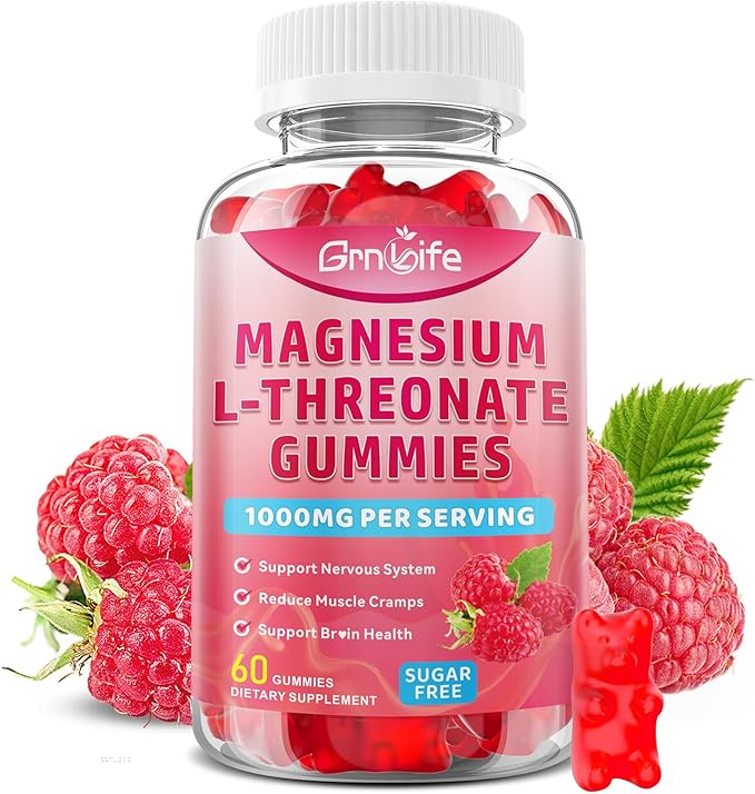 Magnesium L-Threonate Gummies 1000MG, Magnesium Threonate Supplement for Kids & Adults, Muscle & Nervous System Support, Sugar-Free, Raspberry Flavor, 60 Count