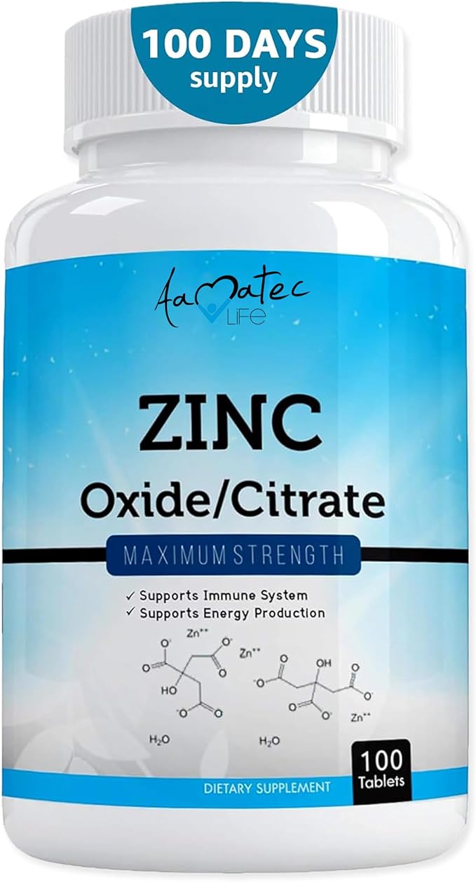 Aamatec Life Zinc Supplement 50 mg - Oxide/Citrate for Immune Support and Metabolism Support - Vegan Zinc 50mg Supports Heart and Eye Health - 100 Tables for Men and Women