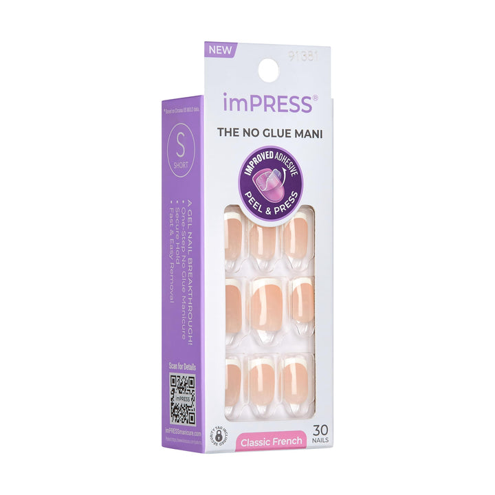 KISS imPRESS No Glue Mani Press-On Nails, French, 'Model', Light Neutral + White Tip French, Short Size, Squoval Shape, Includes 30 Nails, Prep Pad, Instructions Sheet, 1 Manicure Stick, 1 Mini File