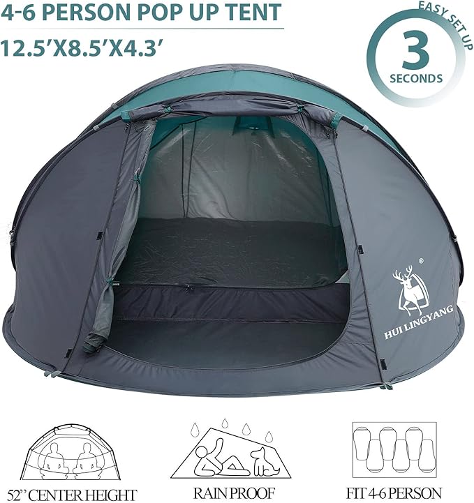 6 Person Easy Pop Up Tent,12.5’ x 8.5‘ x53.5,Automatic Setup,Waterproof, Double Layer,Instant Family Tents for Camping,Hiking & Traveling