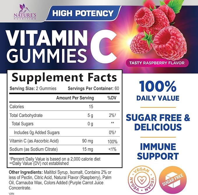 Zero Sugar Vitamin C Gummies - Immune Support & Antioxidant VitaminC Dietary Supplement - Vegan, Non-GMO, Dairy & Gluten Free C Vitamin Gummy - Raspberry Flavor for Kids & Adults - 120 Count Gummies
