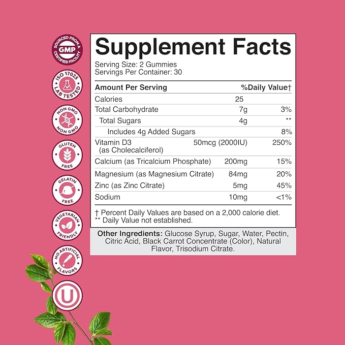 Calcium Magnesium Zinc Gummies - Magnesium Zinc Calcium Supplement Gummies with Vitamin D3 for Teeth and Bone Health - Certified Kosher Non-GMO Gelatin Free & Vegetarian Friendly (3 Month Supply)