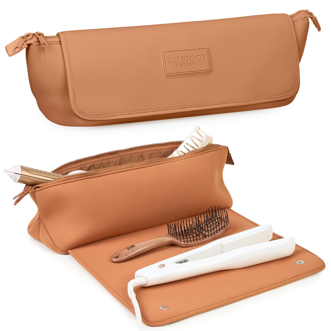 BAREFOOT CARIBOU Hair Tools Travel Bag and Heat Resistant Mat for Flat Irons, Straighteners, Curling Iron, and Haircare Accessories, 2-in-1 design, with Interior Pockets, Portable Organizer (Brown)