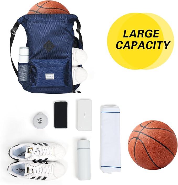 ALUSBELL Large Drawstring Backpack Bag, Sports Gym Bag String Sackpack with Shoes Compartment, Waterproof String Bag Cinch for Women Men(Navy Blue)