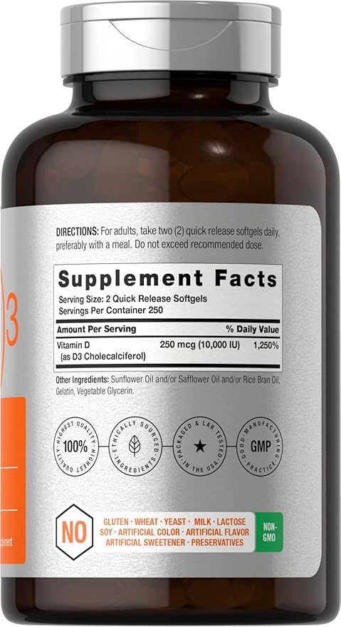 Horbäach Vitamin D3 10000 IU | 500 Softgels | Non-GMO, Gluten Free Supplement | Value Size | 250mcg | High Potency Formula