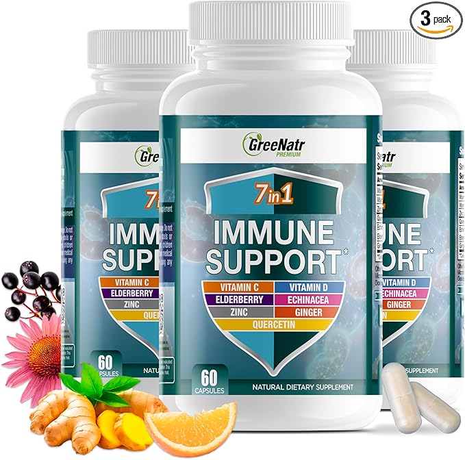 7 in 1 Immune Support Supplement with Vitamin C, D3, Zinc 50mg, Quercetin, Echinacea Purpurea, Sambucus Elderberry and Ginger for Complete Immune Defense - 60 Capsules (3 Bottles)