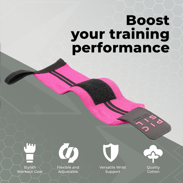 PICSIL Wrist Wraps with Double Fabric Fastener, Stretchable Wrist Straps for Weightlifting, Cotton Wrist Straps with Thumb Loop, Advanced Weightlifting Straps for Comfort and Stability (Pink)