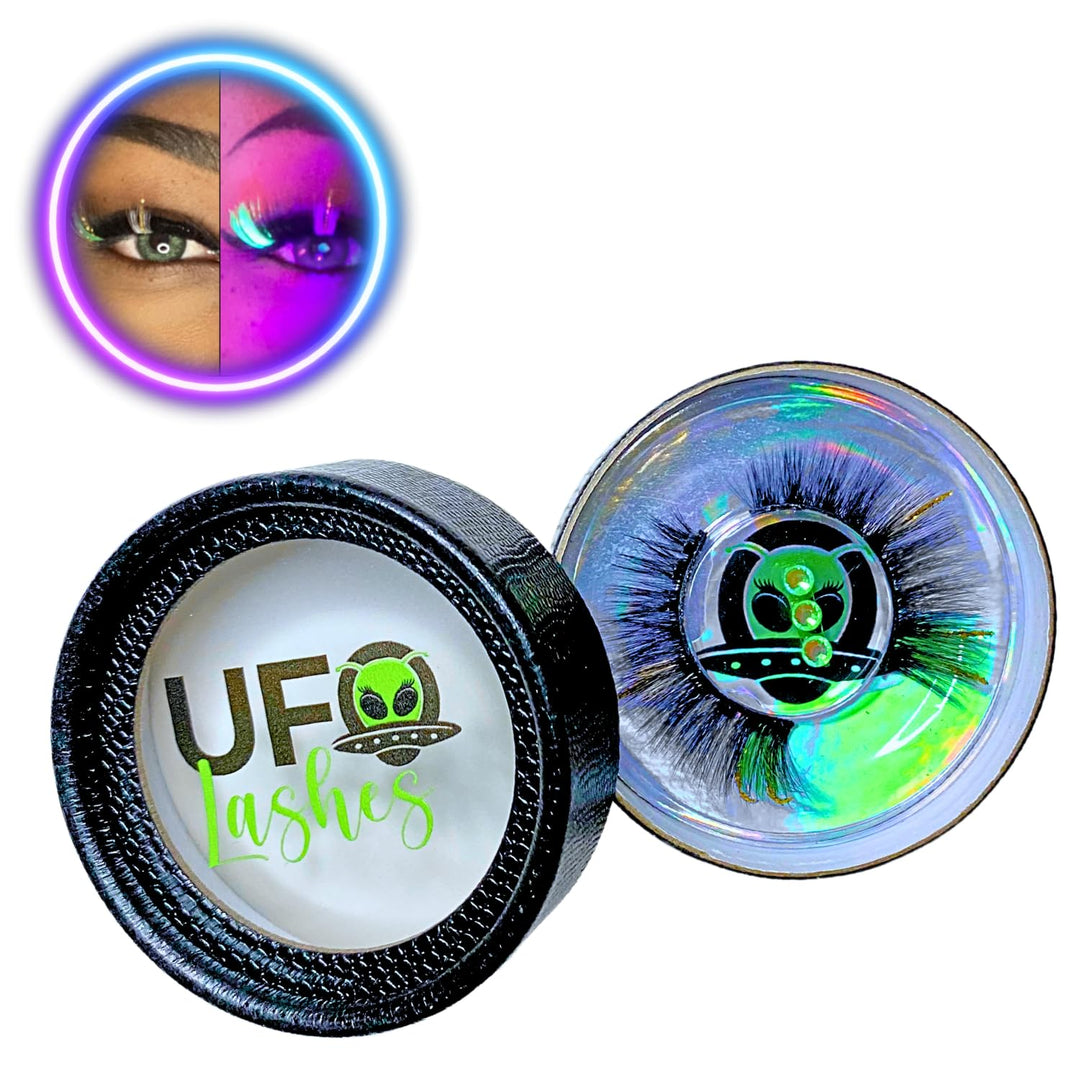 UFO LASHES Faux Mink 3D False Lashes With Color On End, Glitter Wispy Fluffy Four Toned Colored Lashes, Strip C Curl Lashes, Glow Party Festival Show, Lashes That Look Like Extensions (GALACTIC IVY)