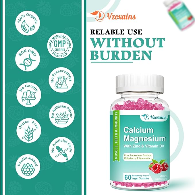 High Absorption Calcium Magnesium Zinc Gummies with Magnesium Glycinate 400mg, Sugar Free Calcium Magnesium Supplement for Bone & Teeth Strength, Muscle Function - Vegan, 120 Count