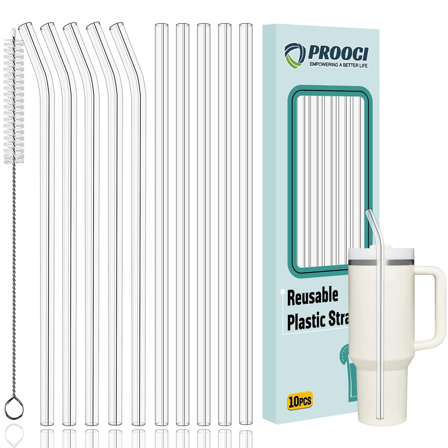 10-Pack 12" Replacement Drinking Straw for 30oz-40oz Stanley Cup, PROOCI Extra Long Reusable Straws with Cleaning Brush, Clear Plastic Straw for Cocktails, Juice, Tea | Food Grade Tritan | BPA-Free