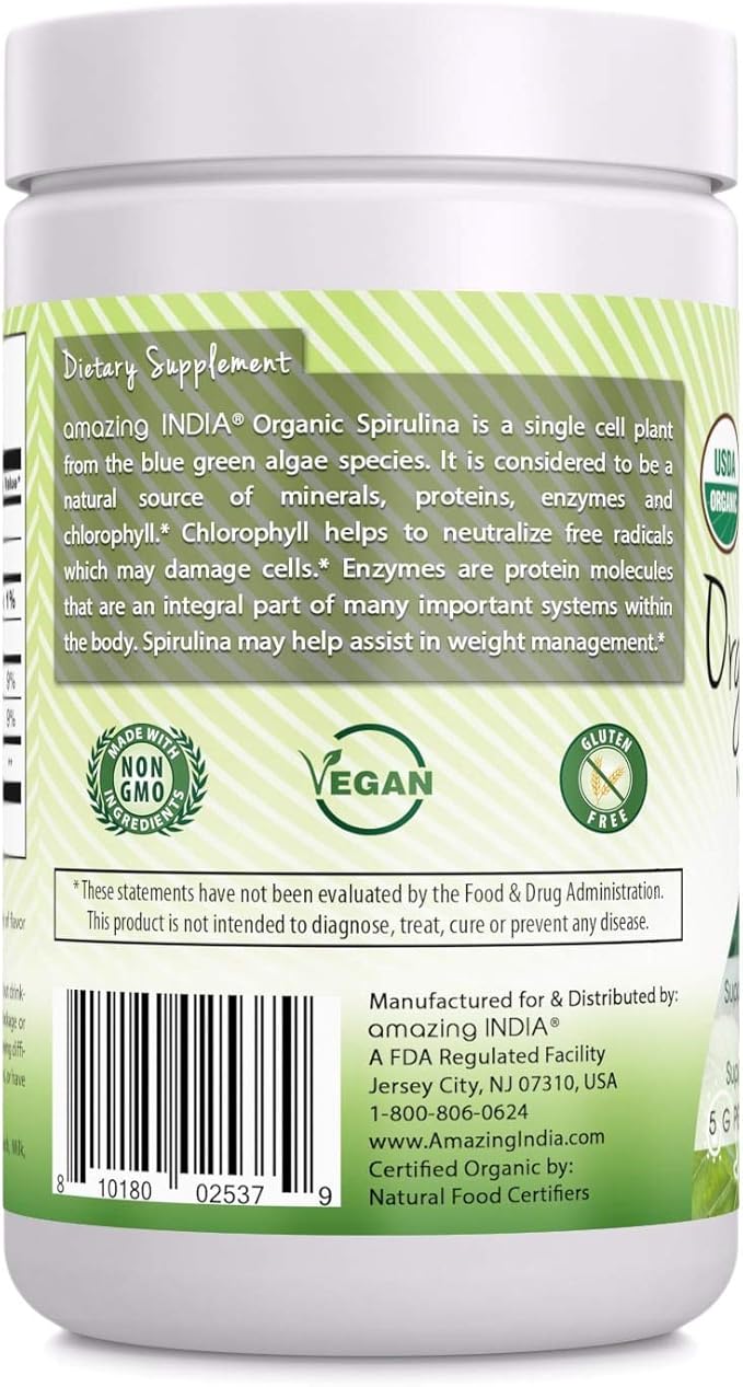 Amazing India Organic Spirulina Powder (Non-GMO) 16 oz (454 gm) - Supports Cell Regeneration, Immune Health, Detoxification & Overall Health*