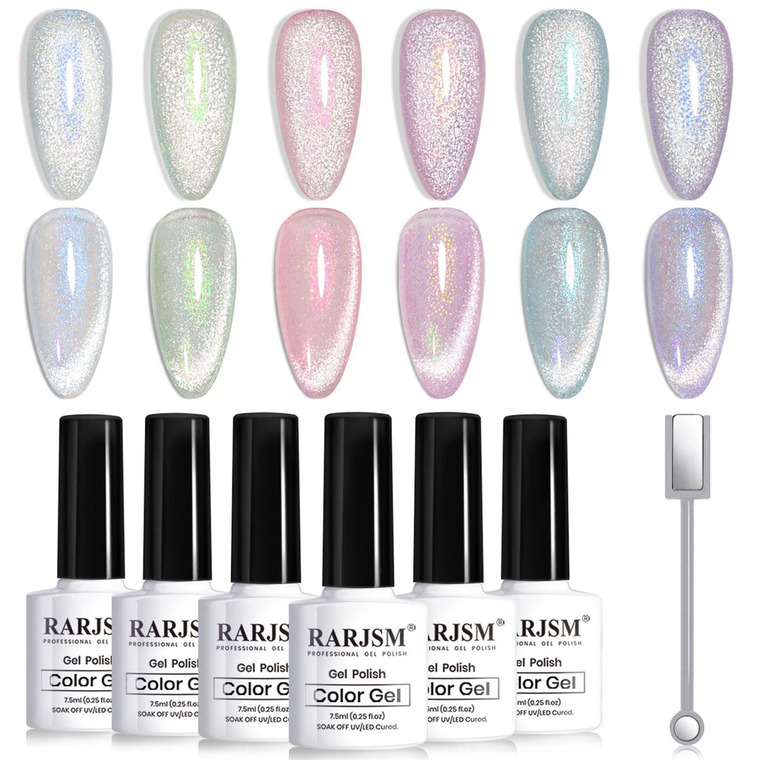 RARJSM Aurora Mermaid Cat Eye Gel Nail Polish Set 6 Colors Velvet Silver Glitter Pink Green Blue Purple Galaxy Star Shimmer Gel Polish with Magnetic Stick UV LED Curing Requires Soak Off Home Salon