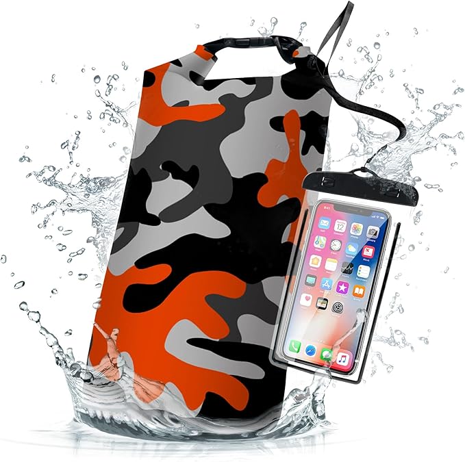 Waterproof Dry Bag,Roll Top Orange Camouflage Small Waterproof Backpack 5L/10L/20L Floating and Lightweight Bags for Kayaking, Boating, Fishing, Swimming and Camping with Waterproof Phone Case