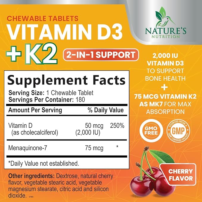 Vitamin D3 K2 2000 IU Plus with K2 (MK-7) 75 mcg - Vitamins D & K Complex Supplement for Bone, Teeth, Muscle, Calcium Absorption, Supports Immune & Heart Health, Non-GMO Chewable Formula - 180 Tablets