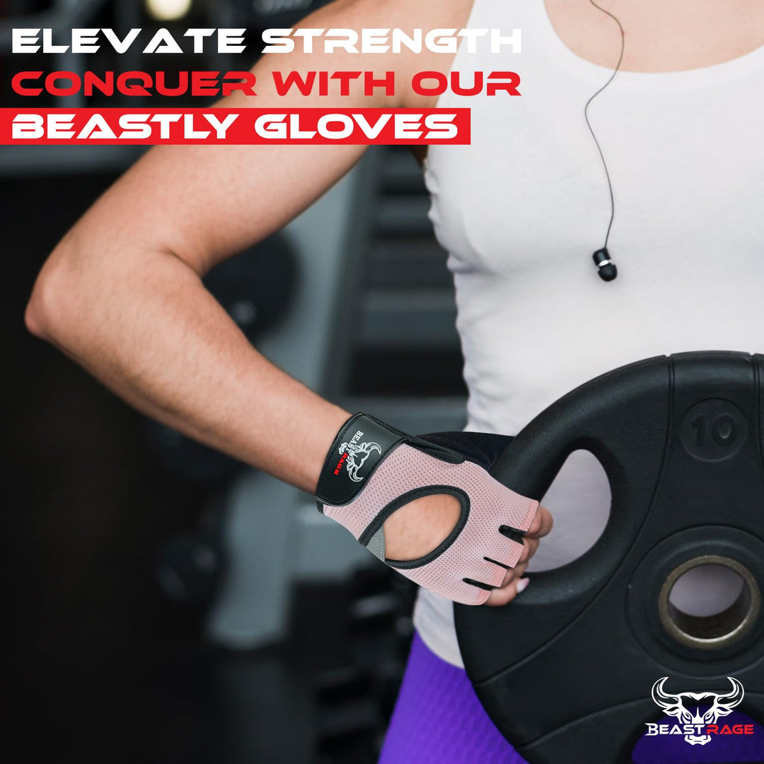 BEAST RAGE Workout Gloves for Men and Women, Fingerless Weight Lifting Gloves with Palm Protection Padding, Breathable and Lightweight Gym Gloves for Weightlifting, Cycling Pull Up (Pink, XS)