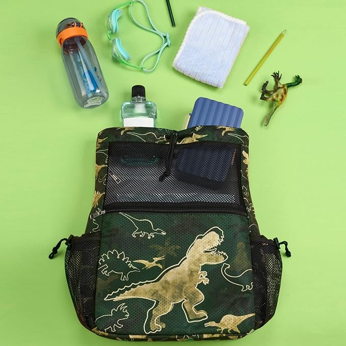 WAWSAM Dinosaur Kids Drawstring Backpack - Mesh Drawstring Bag for Boys Swim Bag with Waterproof Zipper Pocket Kids Beach Backpack for Swimming Pool Sport Yoga Travel Mesh Gym Bag