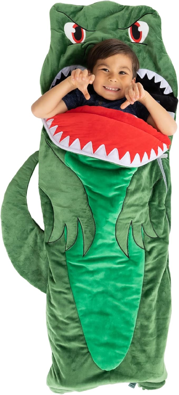 Bixbee Kids Dinosaur Sleeping Bag for 3+, 60 x 22 Inches, Soft Toddler Slumber Bag with Carrying Handle | Machine Washable for Naptime, Daycare