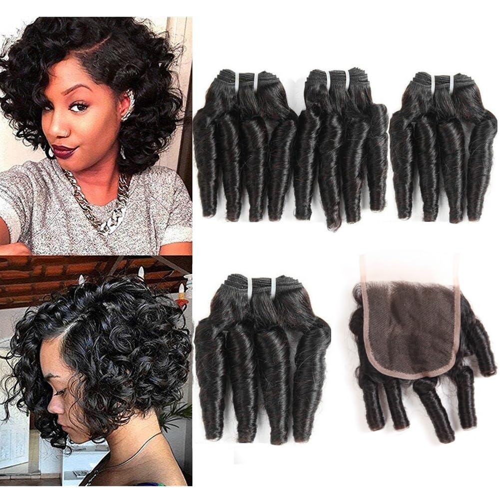 Molefi Brazilian Funmi Hair Curly Weave 4 Bundles With Lace Closure Spiral Curl Hair Bundles With 4X4 Closure 100% Human Hair Ex