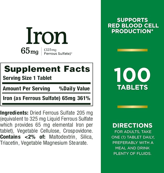 Nature's Bounty Iron 65mg, 325 mg Ferrous Sulfate, Cellular Energy Support, Promotes Normal Red Blood Cell Production, 100 Tablets (Pack of 2)