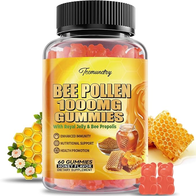 Bee Pollen 1000MG Gummies with 500MG Royal Jelly & Bee Propolis, Sugar Free Bee Pollen Supplement Rich in Vitamin C & E, Vegetarian, Non-GMO, Gluten Free, Support Immunity & Skin Health