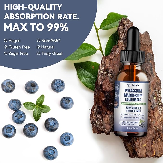 Potassium Magnesium Supplement Liquid Drops - Vitamin K 2 Potassium Supplement Complex Magnesium Glycinate Liquid Citrate Oil High Absorption Potasio Support Bone, Muscle, Leg Cramps, Blueberry