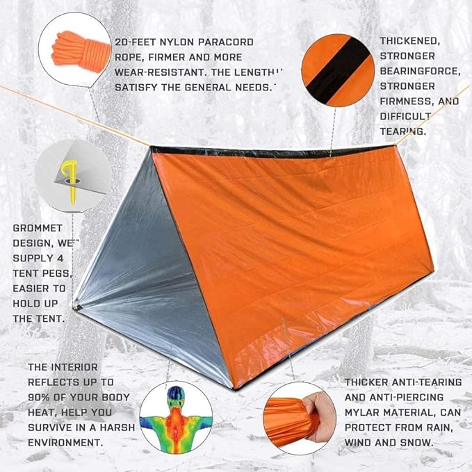 Emergency Tent, 2 Person Tube Tent Survival Shelter, Ultralight Survival Tent Emergency Shelter Use as Survival Gear Space Blanket for Camping, Hiking