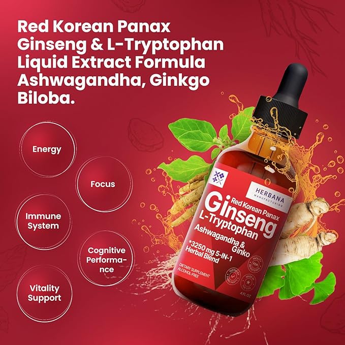 Red Korean Panax Ginseng & L-Tryptophan Liquid Extract Formula 4 fl oz - Ashwagandha, Ginkgo Biloba - Energy, Cognitive Performance & Focus - Immune System and Vitality Support Tincture