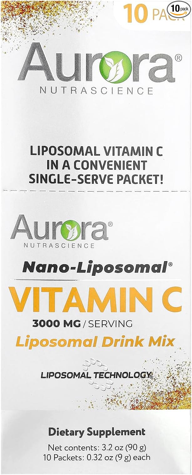 Aurora Nutrascience Nano-Pack Liposomal Vitamin C Powder Drink Mix, Immune Support, High Strength 3,000 mg Per Serving 10 Single Serve Packets, Orange