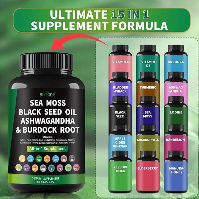Sea Moss Capsules: Sea Moss Black Seed Ashwagandha Bladderwrack Burdock Root Multi-Blend Vitamin D3 C Vitamin 60 Capsules 30 Day Supply