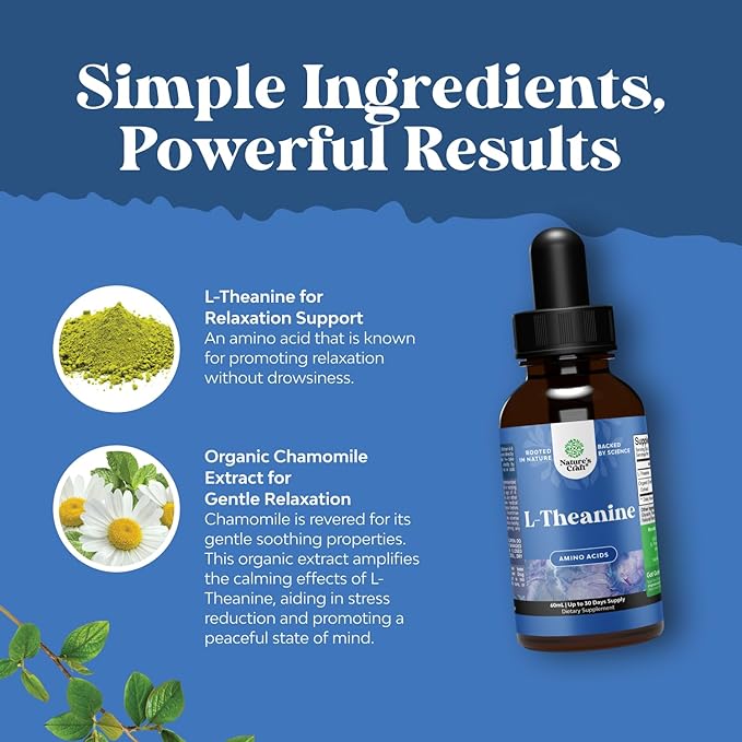 High Absorption L-Theanine Liquid Drops - Nootropic Focus Supplement with L Theanine 200mg Per Serving and Chamomile Extract - L Theanine Supplement for Adults and Kids Relaxation and Focus - 2oz