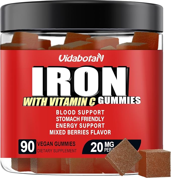 Sugar Free Iron Gummies for Women Men & Kids-Iron Supplement 20mg with Vitamin C for Iron Deficiency, No Rust Taste, Gentle Iron for Stomach, Mixed Berries Flavor, 90 Vegan Gummies.
