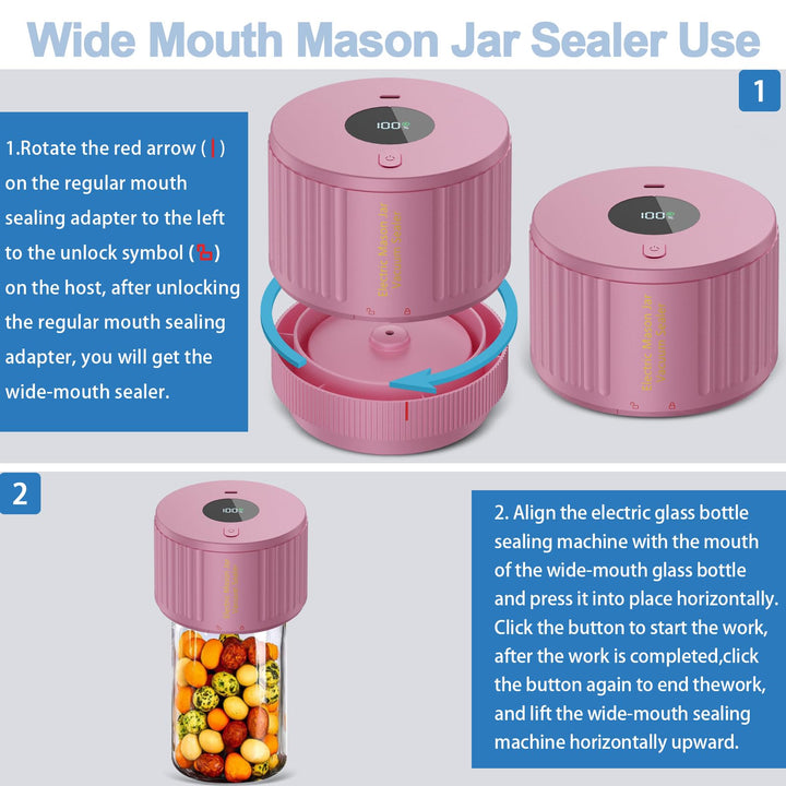 LOVE MOMENT Electric Mason Jar Vacuum Sealer Kit for Wide Mouth and Regular Mouth Mason Jar - Pink