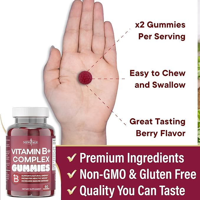 NEW AGE Vitamin B Complex Gummies with Vitamin B3, B6 & B12 – with Biotin, Folic Acid & Vitamin C – Gluten-Free, Vegan, Made in The USA! (180 Count (Pack of 3))