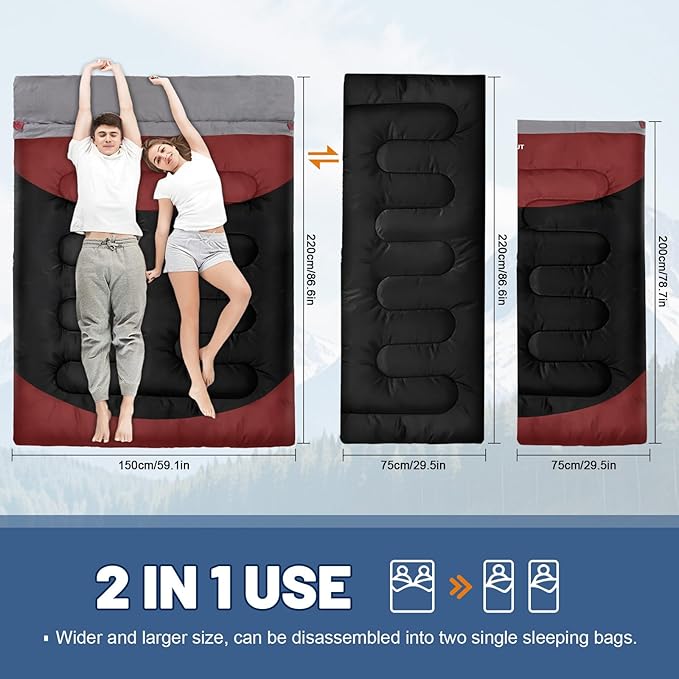 Cotton Flannel Double Sleeping Bag for Adults Machine Washable 2 Person Camping Sleeping Bag Queen Size Waterproof with Compression Sack for Cold Weather 3-4 Seasons